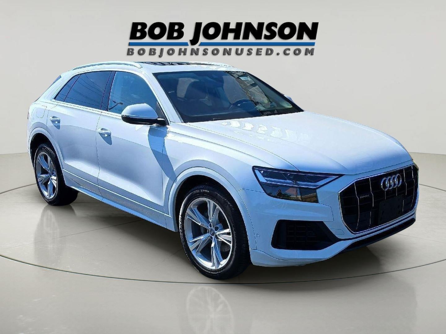 2019 Audi Q8 Premium Plus in Carrara White — front three-quarter view